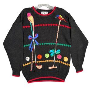Vintage Womens Golf Sweater Medium Black Embroidered Preppy Old Money Retro
